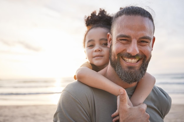 Portrait father and child at beach at sunset happy or bonding outdoor Face smile and dad of kid at ocean in foster care interracial and having fun on summer trip vacation or travel mockup space