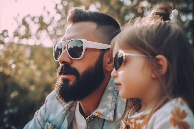 Portrait of a father and daughter in sunglasses in the park Generative AI