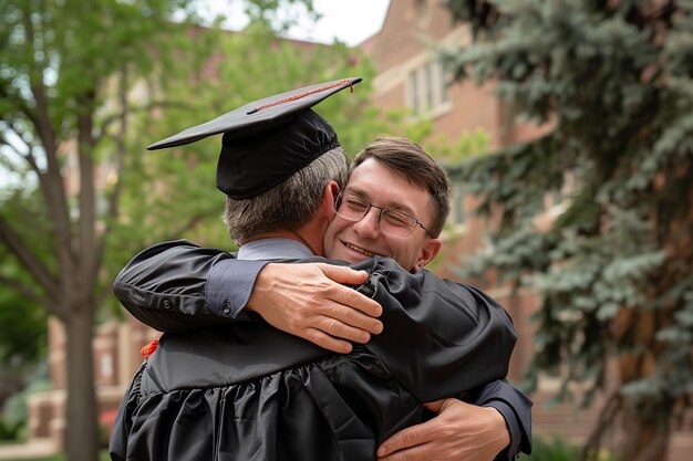 Portrait of a father hugging graduate son in his convocation day with a beautiful blurry backdrop and space for text or product