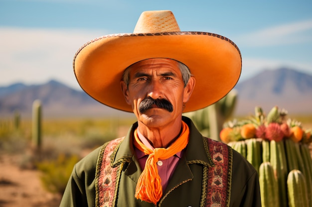 A portrait featuring a stereotypical image of a tanned mexican man with a mustache cacti and desert