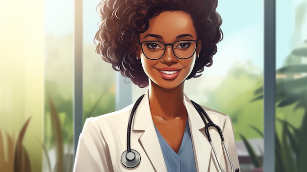 診療所に立っているアフリカ系アメリカ人の女性医師の肖像画