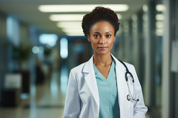 Portrait of female African American doctor standing in hospital