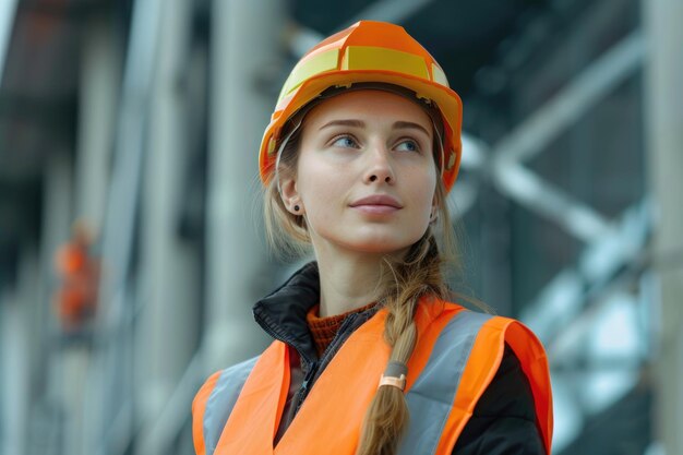 Portrait of female architect wearing hardhat and reflective vest