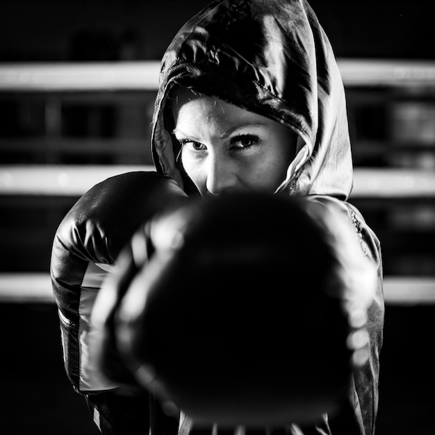 Foto ritratto di una pugile con guanti da boxe e felpe