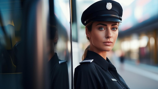 Foto ritratto di autista di autobus donna professionista in uniforme