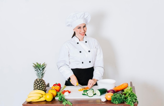 Portrait of female chef cutting vegetables Female chef preparing salad a female chef cutting fresh vegetables Concept of a female chef preparing fresh vegetables