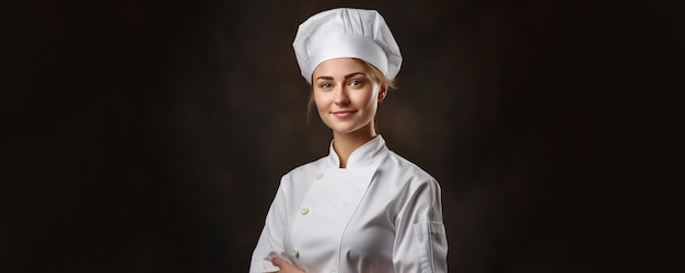 portrait of a female chef in white chef's hat and jacket culinary chef chef web banner background