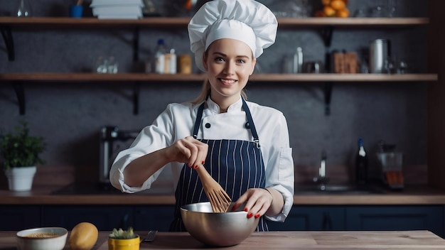 Portrait female chef with bowl mixing close up