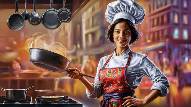 Portrait female chef with pan