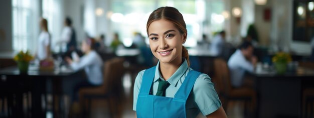 Photo portrait of a female cleaner against the background of a house or hotel