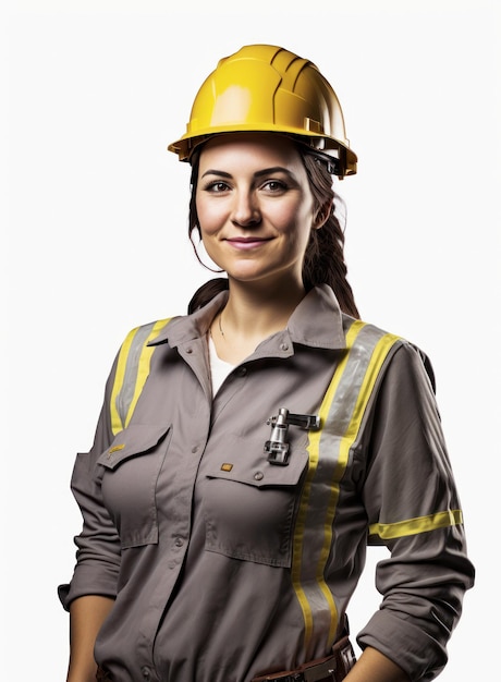 Portrait of a female construction worker wearing hard hat studio shot white background generative ai