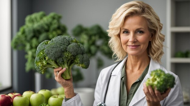 Portrait female costumer holding fresh vegetables and fruits in organic section of supermarket