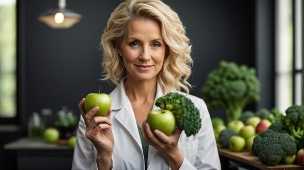 Portrait female costumer holding fresh vegetables and fruits in organic section of supermarket