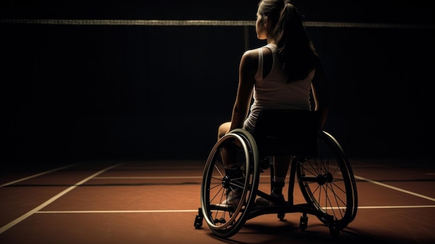 Портрет спортсменки-инвалидки в инвалидной коляске, держащей ракетку для тенниса.