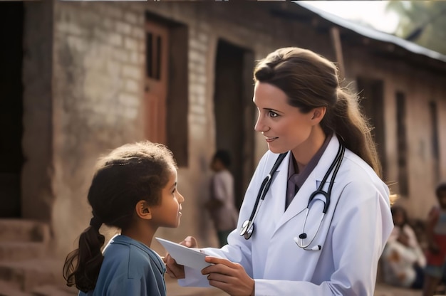 Portrait of a female doctor examining a little girl in the street