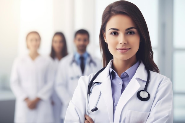 Portrait of a female doctor in her white coat with a stethoscope around her neck