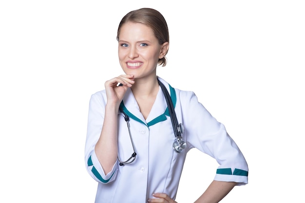 Portrait of female doctor isolated on white background