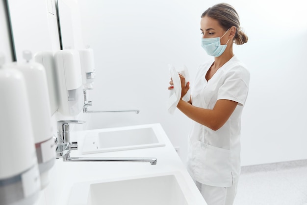 Portrait of female doctor or nurse drying hands with paper tissue after Washing Hands