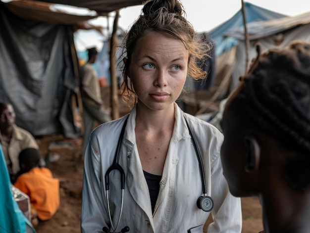 Foto ritratto di una dottoressa in un campo profughi