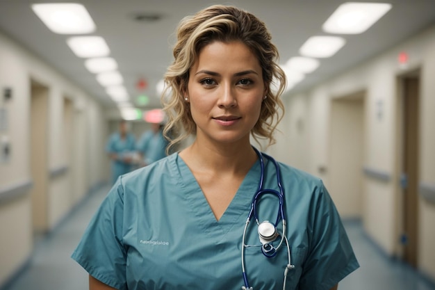 Portrait of female doctor standing in corridor of hospital with stethoscope