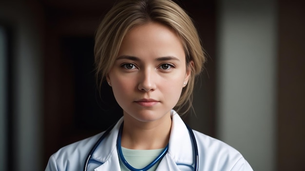 Portrait of a female doctor in uniform looking at camera with a defocused background