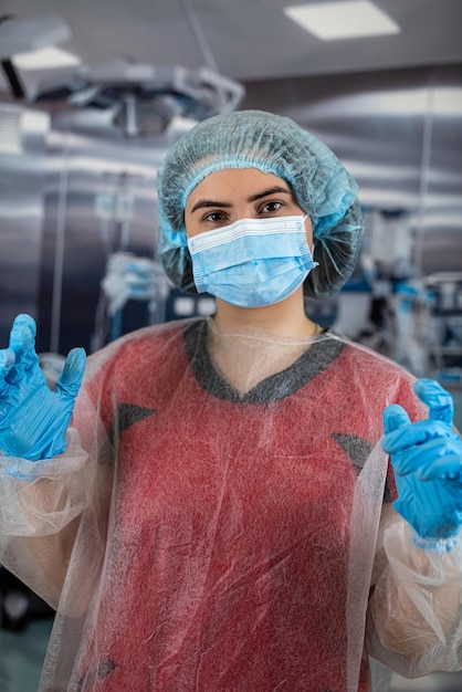 Portrait of female doctor wear uniform with medical face mask and medical gloves stethoscope Medical concept