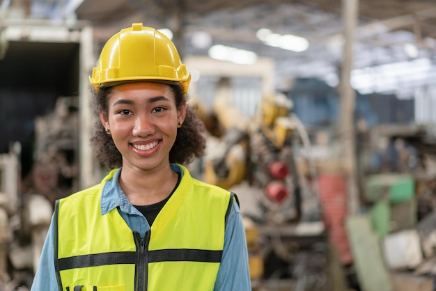 工場で働く黄色いヘルメット笑顔スタンドと安全ベストの女性エンジニアの肖像画