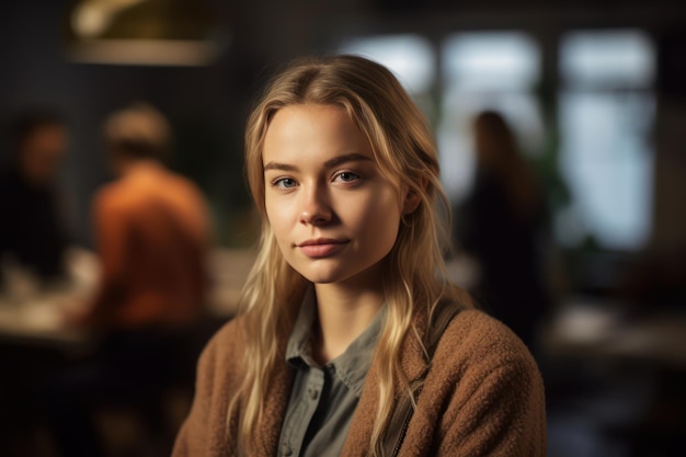 Portrait of female executive in office with colleagues working in background young businesswoman in