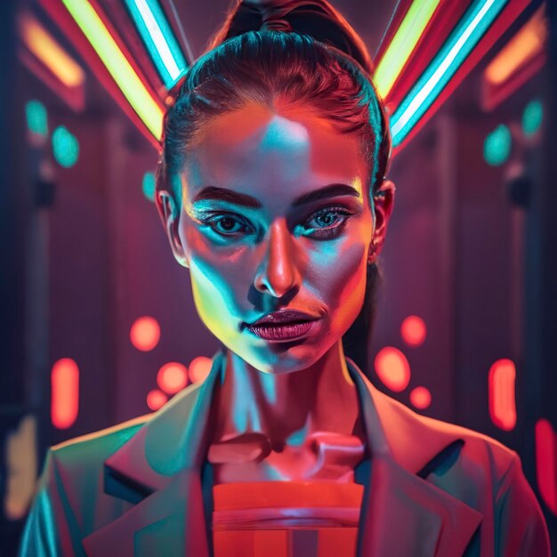 Portrait of female fashion model in neon light on dark studio