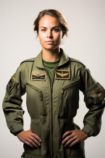 Portrait of a female fighter pilot in green flight suit
