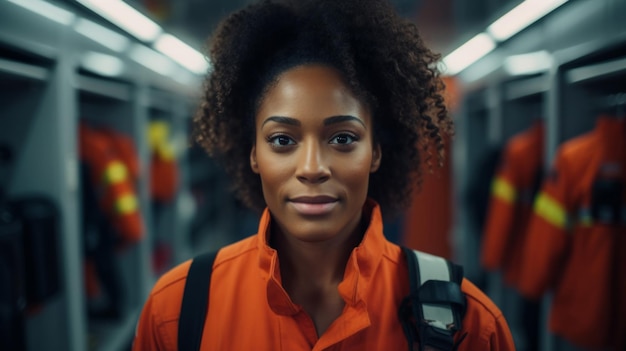 Portrait of female firefighter standing in locker room search and rescue safety concept