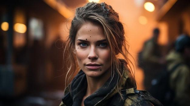 Photo portrait of a female firefighter while holding an axe and wearing an oxygen mask indoors surrounded