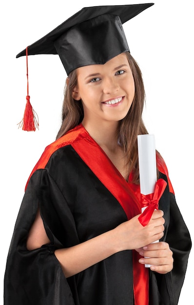 Портрет выпускницы, держащей диплом и улыбающейся