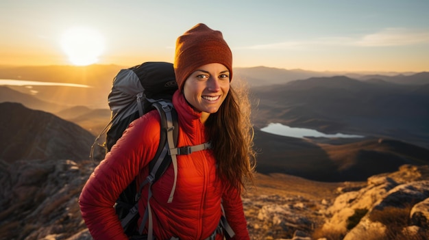 Photo portrait of a female hiker with a backpack on the mountain