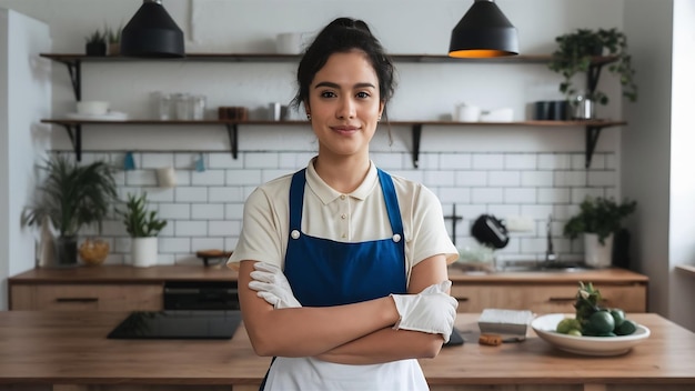 Portrait of female made housemaid cleaning worker in white and blue uniform isolated over white