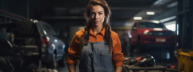 Photo portrait of a female mechanic in a car service against the backdrop of cars.