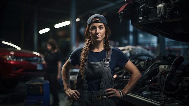 Portrait of a female mechanic in a car service against the backdrop of cars