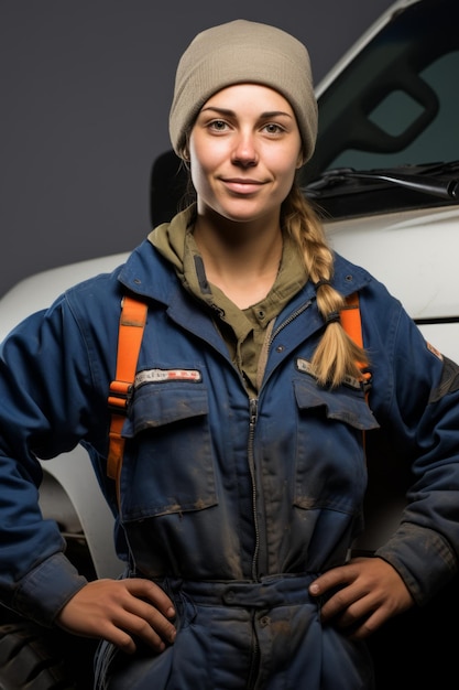 Portrait of a female mechanic in front of a car