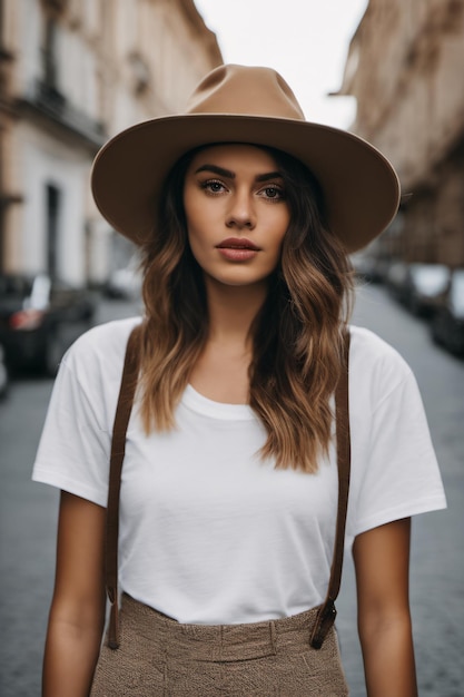 Portrait female model wearing hat and white tshirt rosa mockup blank shirt template in street boho