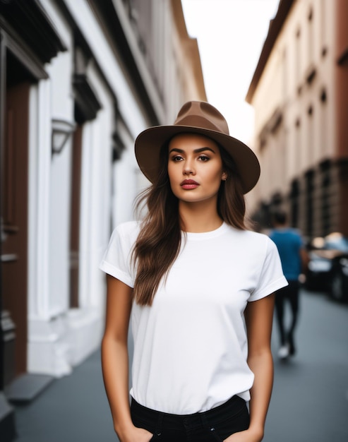 Portrait female model wearing hat and white tshirt rosa mockup blank shirt template in street boho