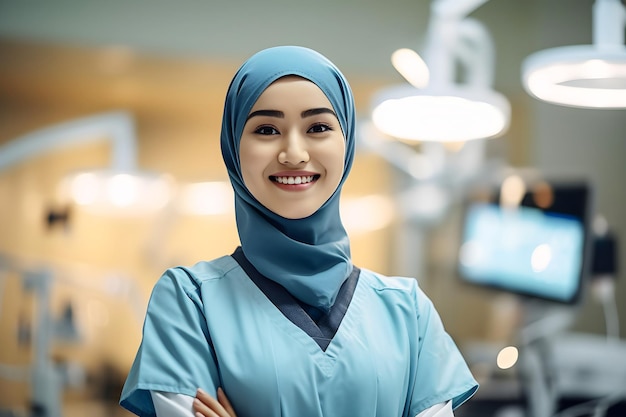 Portrait of a female Muslim doctor in her scrub suit in the hospital