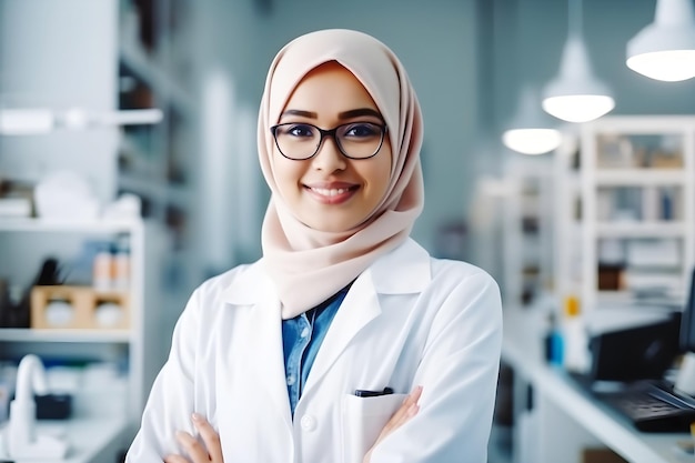 Портрет женщины-врача-мусульманки в белом халате в больнице