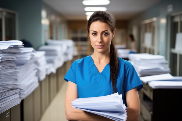 Portrait of a female nurse holding file folders in the hospital