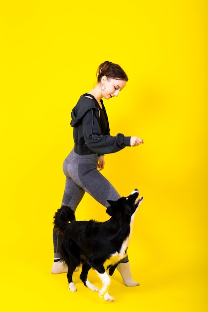 Portrait of female posing with a border collie in studio yellow and red background person