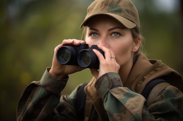 Portrait of a female ranger holding up her binoculars while out in the field