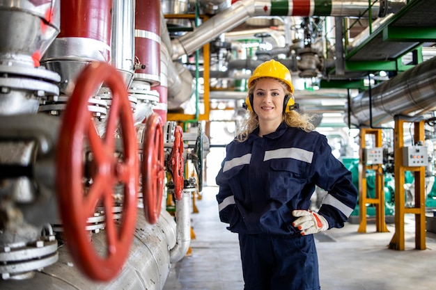 Portrait of female refinery worker standing by gas pipelines in petrochemical factory