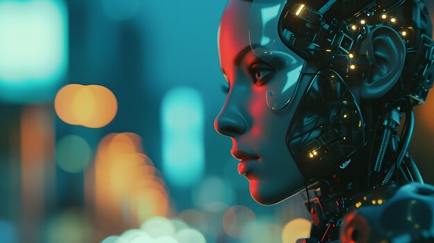 Portrait of female robot android face Artificial intelligence concept render 3d illustration