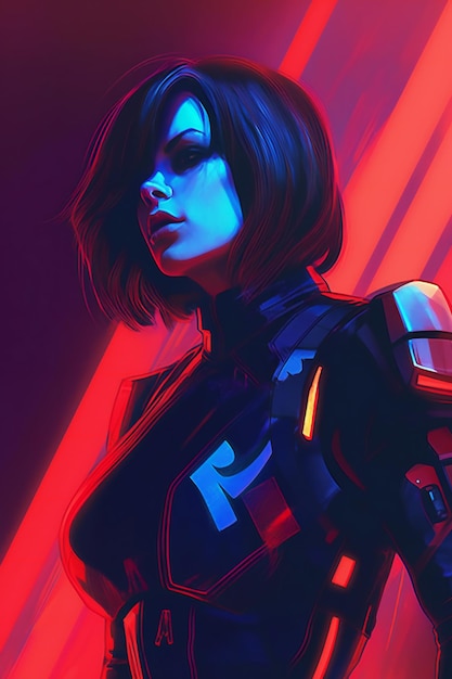 Portrait of a female robot in neon light