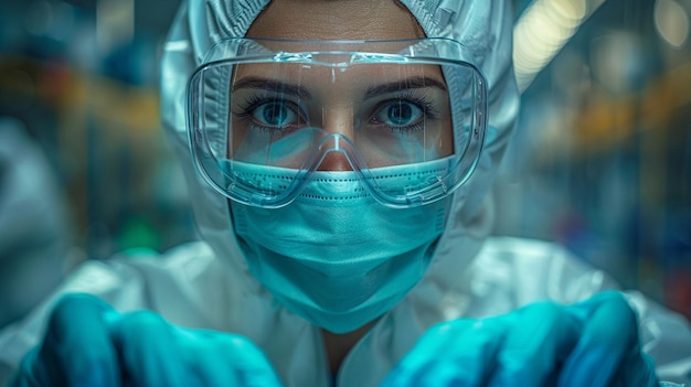 Portrait of a female scientist in a protective suit and glasses looking at the camera