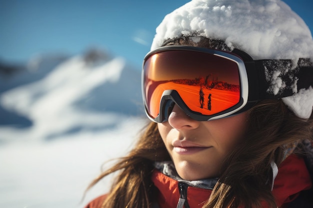 Портрет сноубордистки в горах Женщина в лыжных очках на горнолыжном курорте Экстремальные виды спорта в зимний сезон
